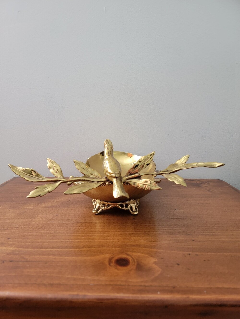 Gold-Tone Metal Catchall Trinket Bowl Tray Bird Perched On Branch Centerpiece - Picture 4 of 16